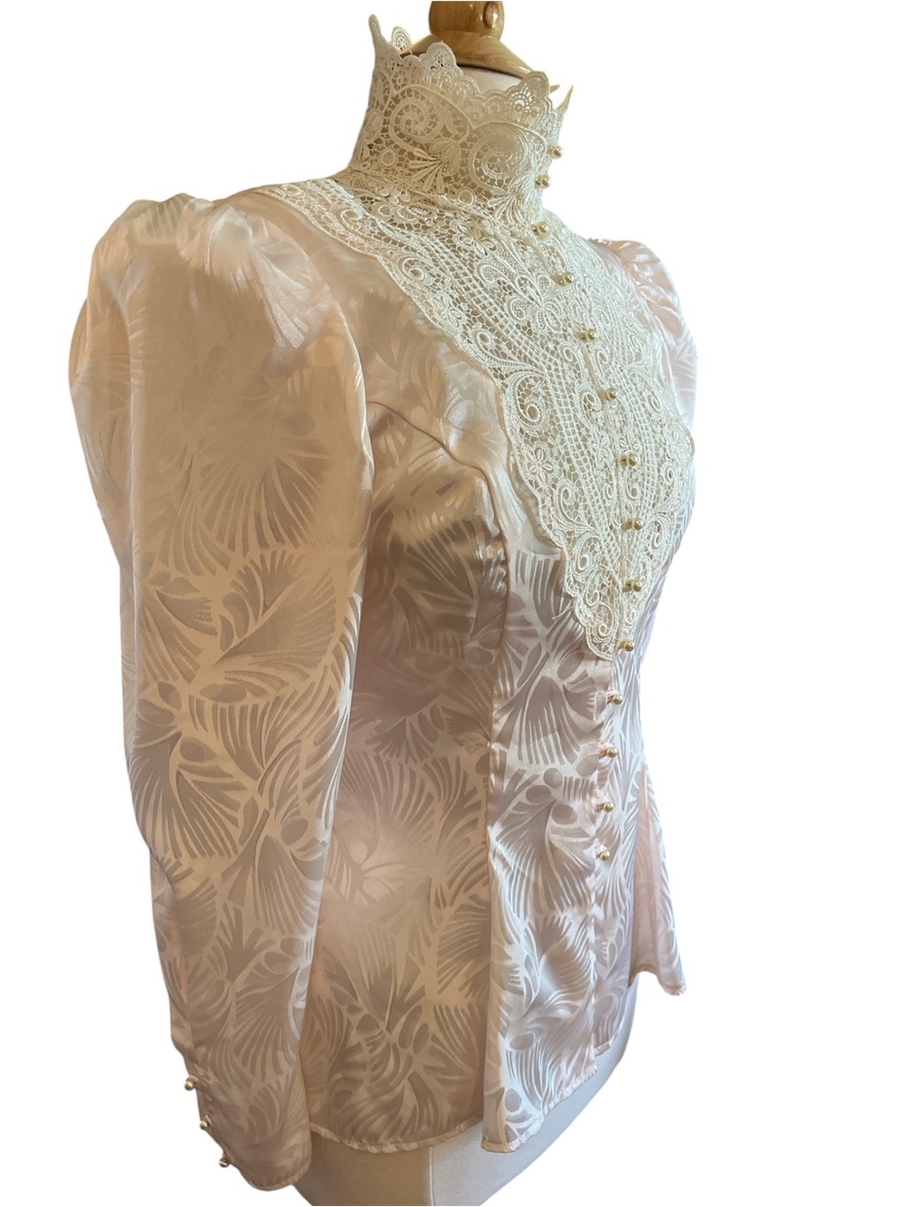 Vintage Miss Ashlee Pink & Cream Lace High-Neck Victorian-Inspired Blouse Size 6 - Picture 3 of 17